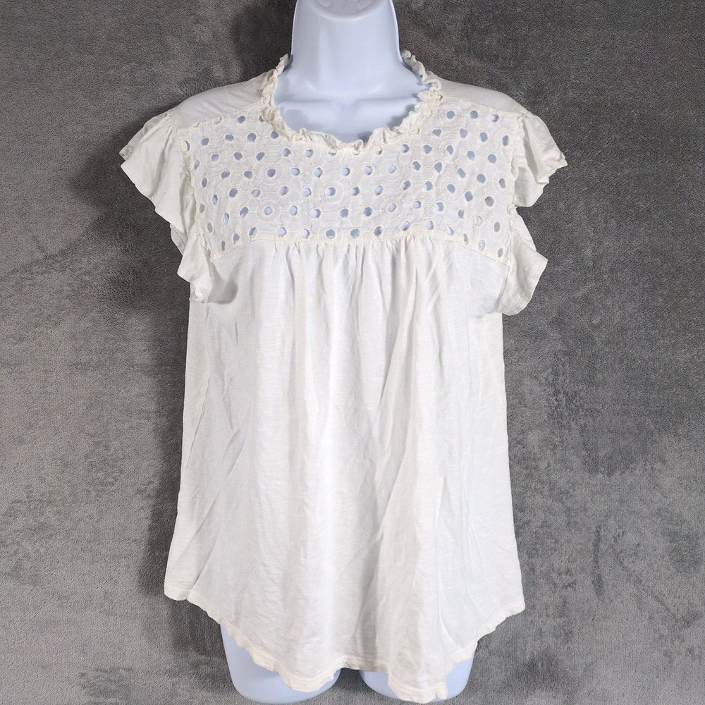 Loft Womens White Eyelet Lace Yoke‎ Flutter Sleeve Ruffle Neck Tie Back Top L